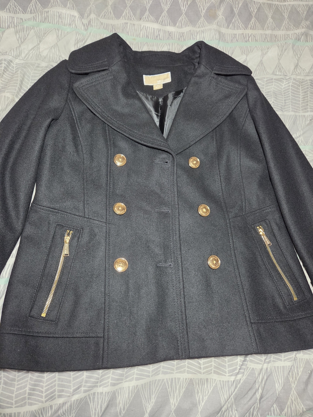 Michael KorMichael Kors Women's Double-Breasted Black Peacoat with Gold Hardware